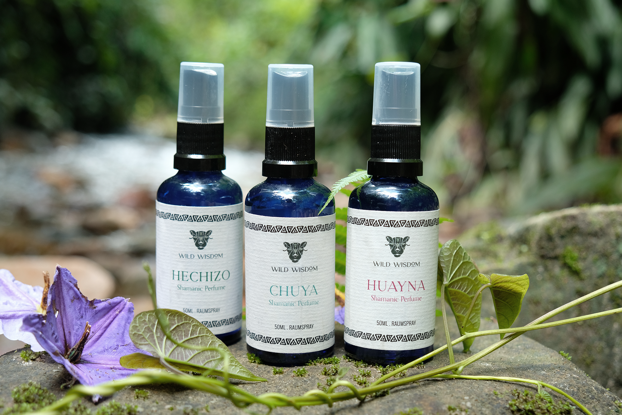 Wild Wisdom Parfums auf einem Stein im  Regenwald